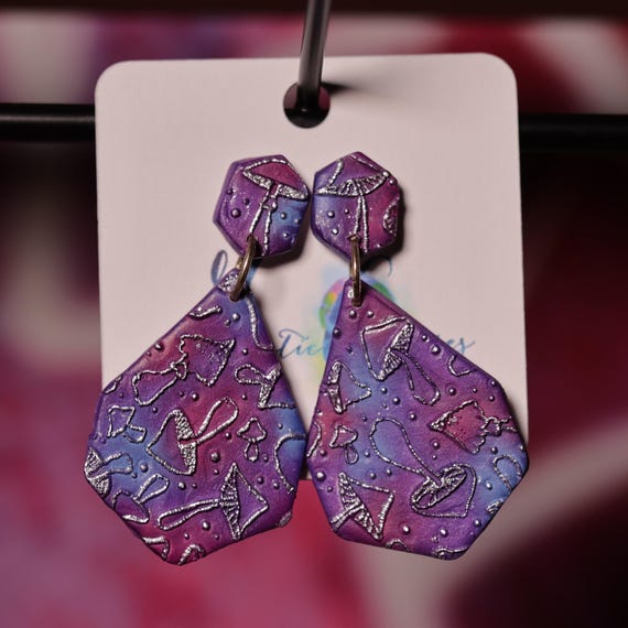 Galactic Captures Mushroom Galaxy Stainless Steel Post Polymer Clay Earrings, Gift for Her, Space Earrings, Purple & Pink Geometric earrings