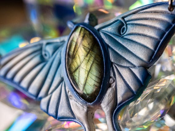 Labradorite Luna Moth Pendant, Polymerclay Lightweight Pendant, Abstract Pendant, Handmade Multi Color Crystal Pendant, Crystal Pendant
