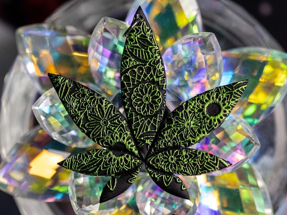 Mandala Marijuana Leaf Pendant, Polymerclay Lightweight Pendant, Abstract Pendant, Handmade Multi Color Pendant, Lime Green Pendant