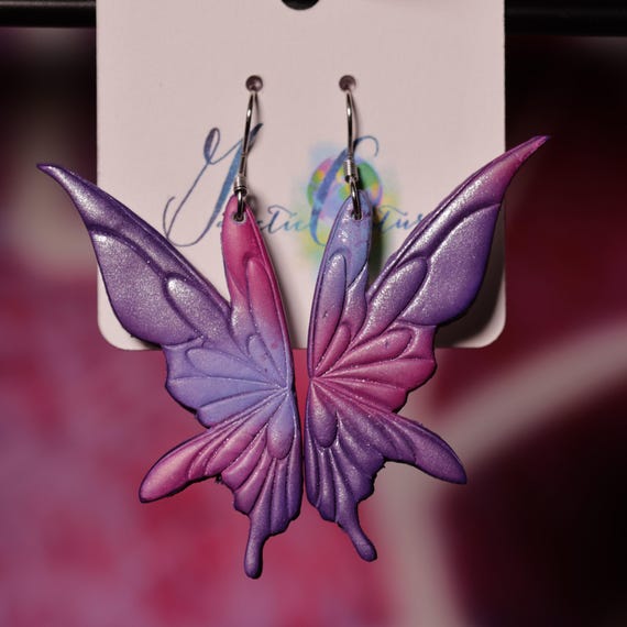 Fantasy Sparkle Fairy Wing Stainless Steel Hook Polymer Clay Earrings, Gift for Her, Spring Earrings, Purple and Pink earrings