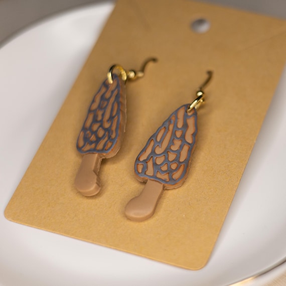 Morel Mushroom Stainless Steel Hook Polymer Clay Earrings, Gift for Her, Spring Earrings, Summer Earrings, Nature Earrings