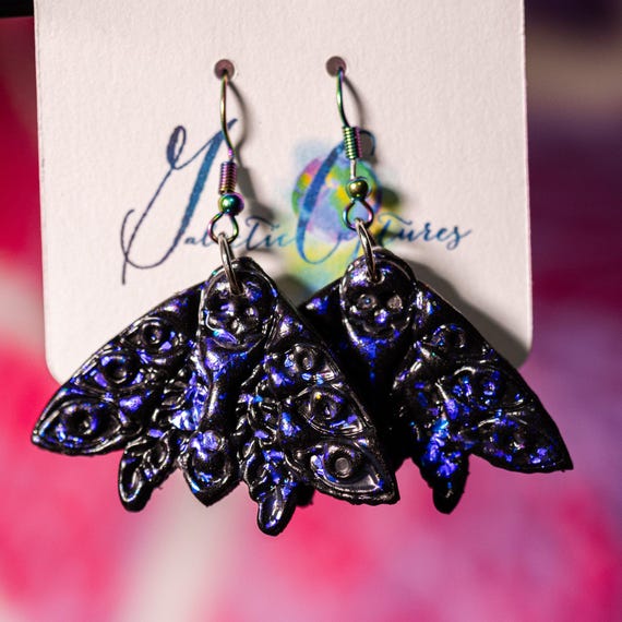 Purple and Black Sparkle Death's-head Hawkmoth Polymer Clay Earrings, Stainless Steel Fishhook earrings, Gift for her, Moth Earrings