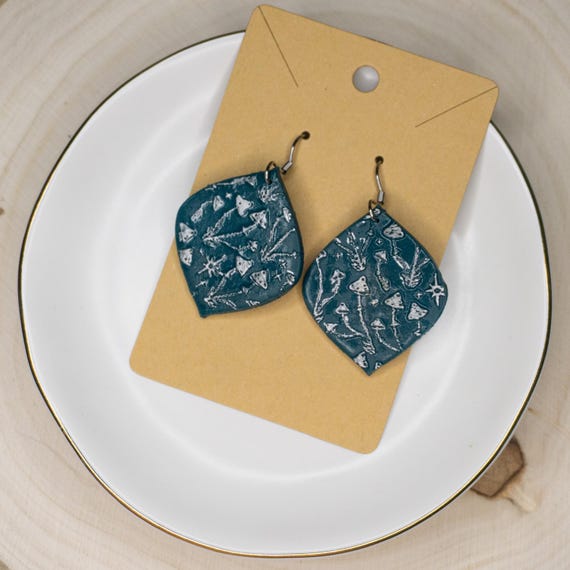 Teal Magick Mushies Stainless Steel Hook Polymer Clay Earrings, Gift for Her, Fall Earrings, Summer Earrings, Nature Earrings