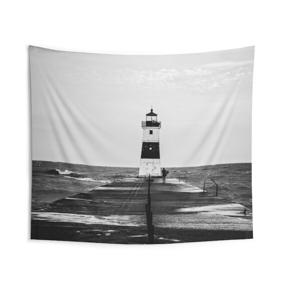Black & White Lake Erie North Pier Lighthouse Indoor Wall Tapestries, Wall Decor, Home Decor, Wall Hanging