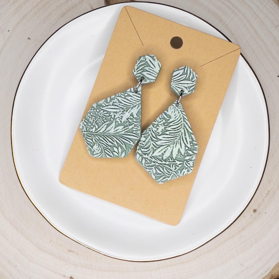 Sage Green & Silver Vintage Floral Stainless Steel Post Polymer Clay Earrings, Gift for Her,  Summer Earrings, Nature Earrings