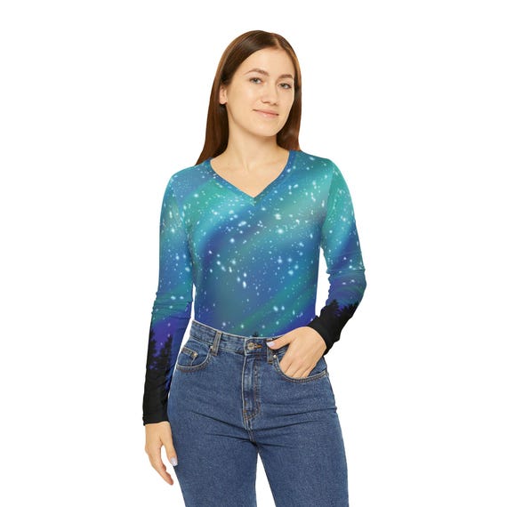 Aurora Borealis Northern Lights Night Sky Women's Long Sleeve V-neck Shirt