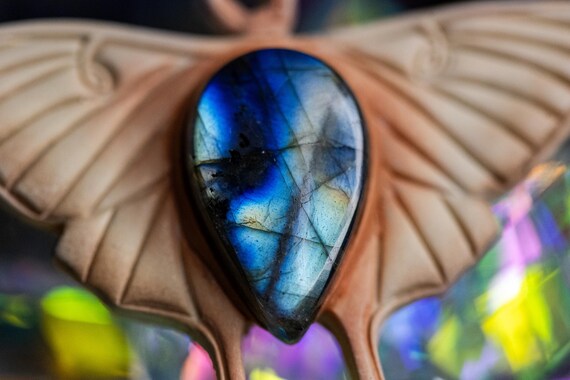Labradorite Luna Moth Pendant, Polymerclay Lightweight Pendant, Abstract Pendant, Handmade Multi Color Crystal Pendant, Crystal Pendant