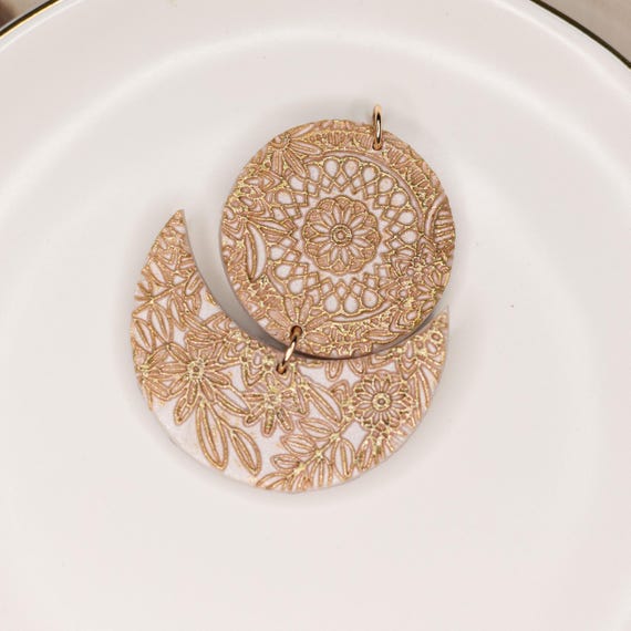 Moon Phase Pendant, Polymerclay Lightweight Pendant, Gift for Her, Celestial Pendant, Abstract Pendant, Rose Gold and Pearl White Pendant