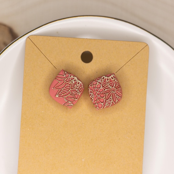 Rose Gold & Coral Geometric Stainless Steel Post Polymer Clay Earrings, Summer Earrings, Nature Earrings, Stud Earrings, Gift for Mom
