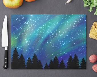 Aurora Borealis Northern Lights Night Sky Decorative Tempered Glass Cutting Board, Charcuterie Board, Housewarming Gift