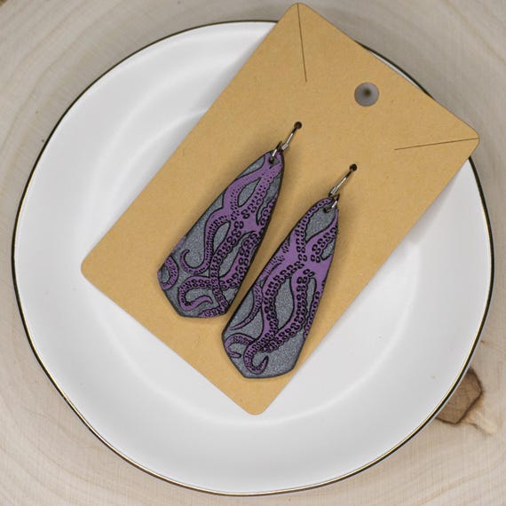 Purple Tentacle Teardrop Stainless Steel Hook Polymer Clay Earrings, Gift for Her, Celestial Earrings, Abstract Earrings