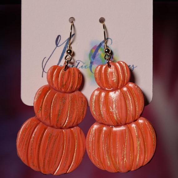 Stacked Pretty Painted Pumpkins Polymer Clay Earrings Template, Autumn Earrings, Fall Earrings, Stainless Steel Dangle Earrings