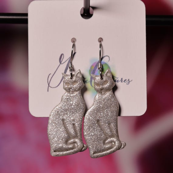 Galactic Glitter Cat Halloween Lightweight Polymer Clay Dangle Earrings, Witchy Earrings, Gift for Her, Halloween Earrings, Glow in the Dark