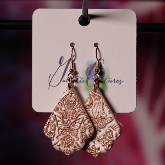 Pearl and Rose Gold Sparkle Death's-head Hawkmoth Polymer Clay Earrings, Stainless Steel Fishhook earrings, Gift for her, Moth Earrings