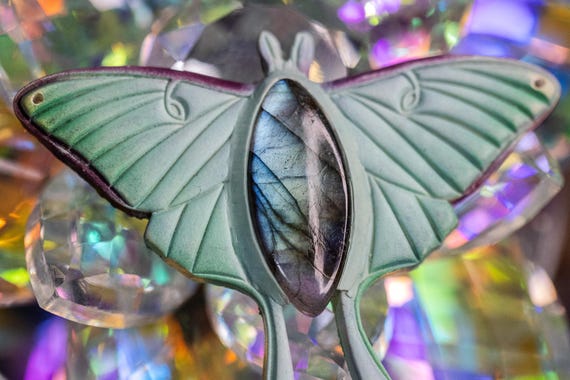 Labradorite Luna Moth Pendant, Polymerclay Lightweight Pendant, Abstract Pendant, Handmade Multi Color Crystal Pendant, Crystal Pendant