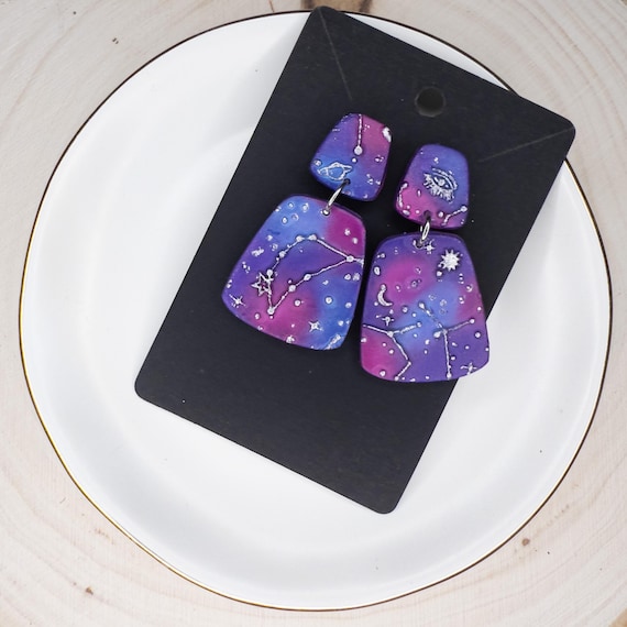 Galactic Captures Constellation Stainless Steel Post Polymer Clay Earrings, Gift for Her, Space Earrings, Purple & Pink Geometric earrings