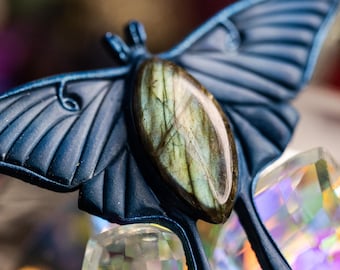 Labradorite Luna Moth Pendant, Polymerclay Lightweight Pendant, Abstract Pendant, Handmade Multi Color Crystal Pendant, Crystal Pendant