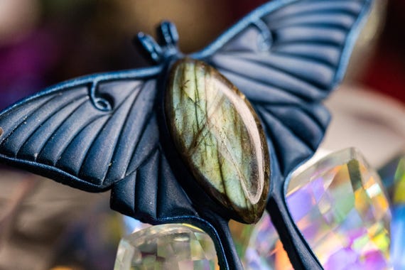 Labradorite Luna Moth Pendant, Polymerclay Lightweight Pendant, Abstract Pendant, Handmade Multi Color Crystal Pendant, Crystal Pendant