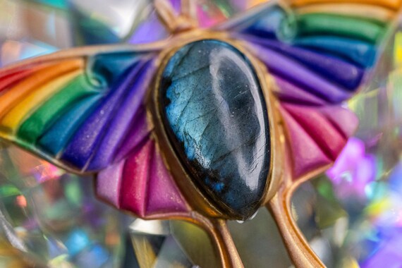 Labradorite Luna Moth Pendant, Polymerclay Lightweight Pendant, Abstract Pendant, Handmade Multi Color Crystal Pendant, Crystal Pendant