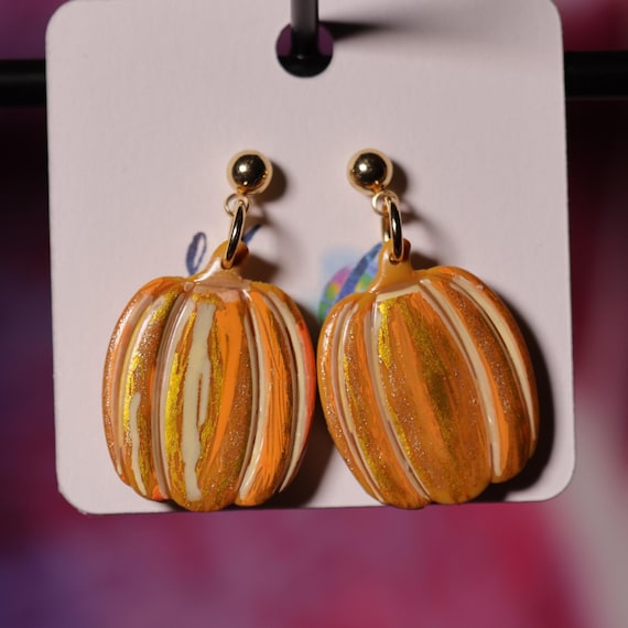 Pretty Painted Pumpkins Polymer Clay Earrings Template, Autumn Earrings, Fall Earrings, Painted Pumpkins, Stainless Steel Dangle Earrings