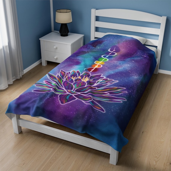 Velveteen Plush Blanket, Celestial Rainbow Chakra Lotus Throw Blanket, Cozy Bedding, Home Decor