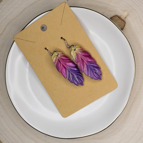 Summer Sunset Gradient Feather Stainless Steel Hook Polymer Clay Earrings, Gift for Her, Multi-color Earrings