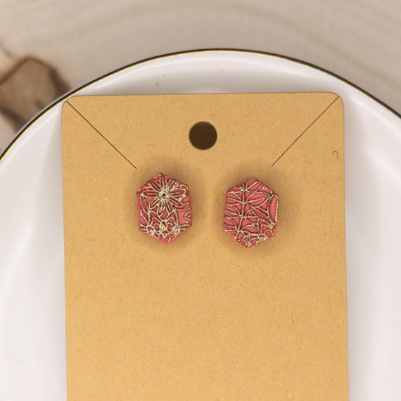 Dainty Rose Gold & Coral Geometric Stainless Steel Post Polymer Clay Earrings, Summer Earrings, Nature Earrings, Stud Earrings, Gift for Mom