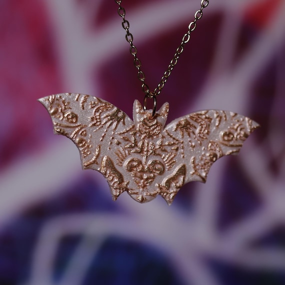 Lace Bat Pendant, Polymer Clay Lightweight Pendant, Gift for Her, Celestial Pendant, Abstract Pendant, Rose Gold and Pearl White Pendant