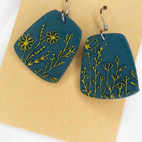 Teal and Gold Wildflower Stainless Steel Dangle Polymer Clay Earrings, Gift for Her, Spring Earrings, Summer Earrings, Nature Earrings