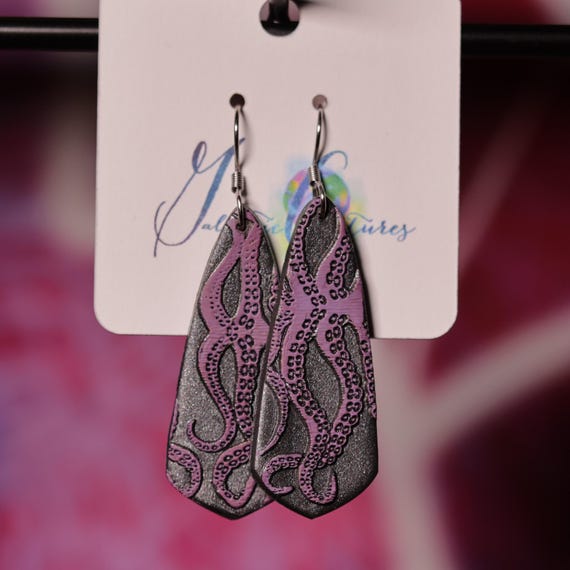 Purple Tentacle Teardrop Stainless Steel Hook Polymer Clay Earrings, Gift for Her, Celestial Earrings, Abstract Earrings