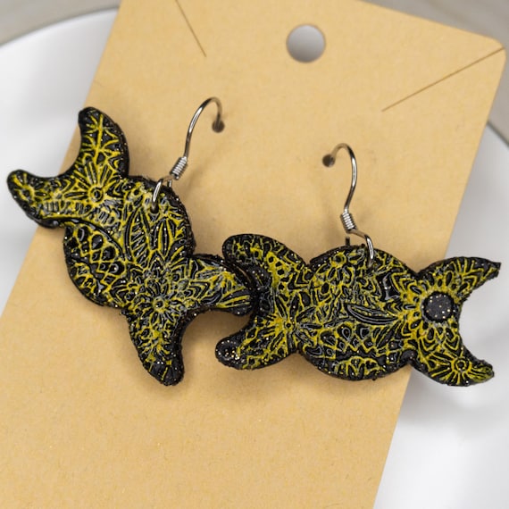 Black and Gold Lace Triple Moon Stainless Steel Hook Polymer Clay Earrings, Celestial Earrings, Witchy Earrings, Lightweight Earrings