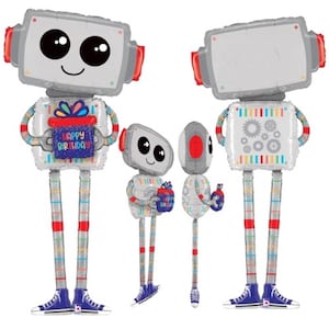 Puede incluir: Un conjunto de globos con forma de robot en gris, rojo y azul. Los robots tienen caras sonrientes y sostienen cajas de regalo que dicen "Happy Birthday". Los robots tienen piernas a rayas y usan zapatillas azules.