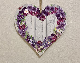 Purple Heart flower 15cm decoupaged wooden heart plaque