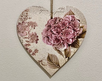 Pink Hydrangea 15cm decoupaged wooden heart plaque / Cottage Decor / Shabby Chic / Birthday Gift