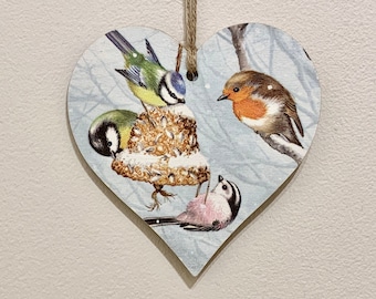 Birds Feeding Wooden Hanging Heart: Winter Decor Ornament / Bird Lovers Gift / Rustic Winter Decor / Winter Bird wall art / Winter Decor