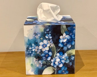 Forget Me Not Decoupaged Wooden Tissue Box Cover / Tissue Box Holder / Tissue Box Storage / Forget Me Not Flower