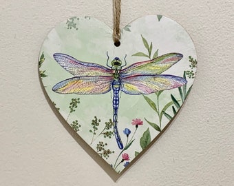 Dragonfly 12cm decoupaged wooden heart plaque / Dragonfly decor / Dragonfly ornament
