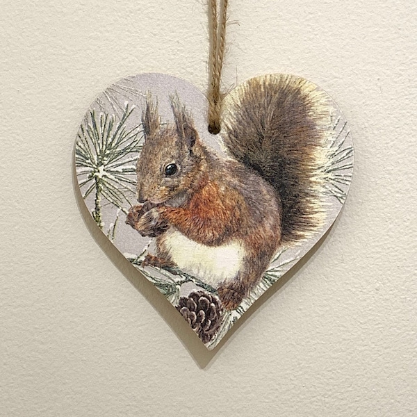 Winter Squirrel handmade decoupaged wooden heart - available as a 12cm or 15cm plaque