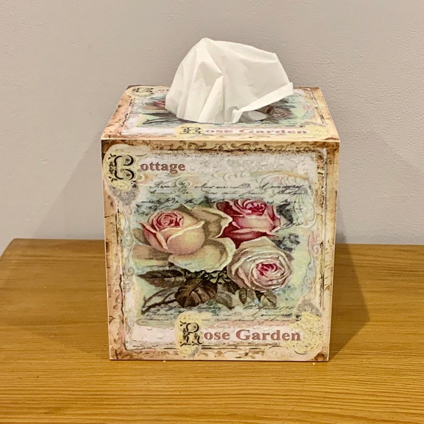 Tissue Box Cover / Cottage Garden Rose / Shabby Chic Decor / Vintage Style Decor / Cottage Decor / Tissue Box Holder / Decoupaged Tissue Box