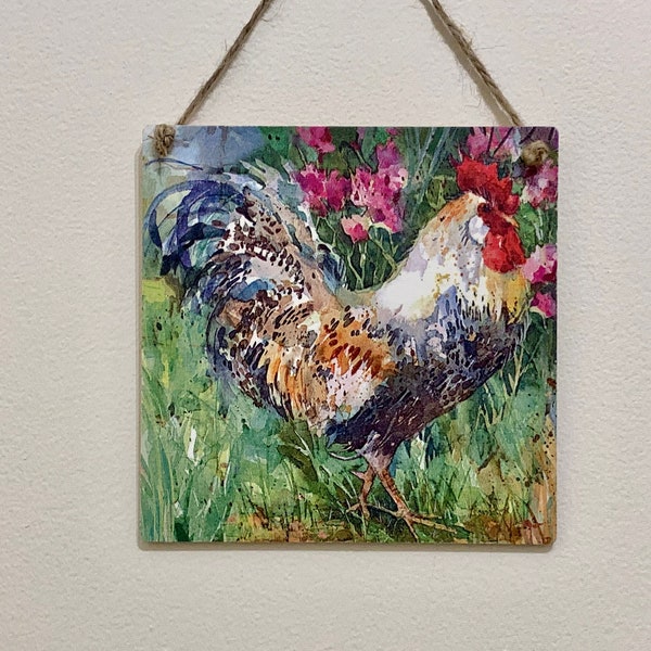 Rooster - Rustic 15cm decoupaged wooden plaque / Kitchen Decor