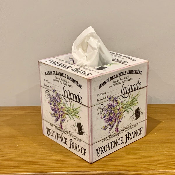 Decoupaged Tissue Box Cover / Tissue Box Holder / Provence / French Style Decor / Shabby Chic Decor / Lavender