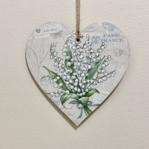 Lily of the Valley Bouquet 15cm decoupaged wooden heart plaque / Mothers day gift / Cottage Decor / Lily of the valley decor