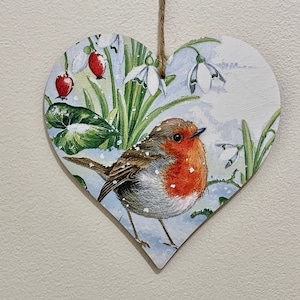 Plaque coeur en bois découpé avec perce-neige / Décoration d'hiver / Décoration d'hiver / Décoration de Robin / Ornement de Robin