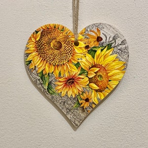 Vibrant sunflower 12cm handcrafted decoupaged wooden heart plaque  / Sunflower Decor