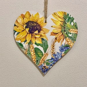 Sunflowers 15cm Decoupaged Wooden Heart Plaque / Sunflower Decor image 1