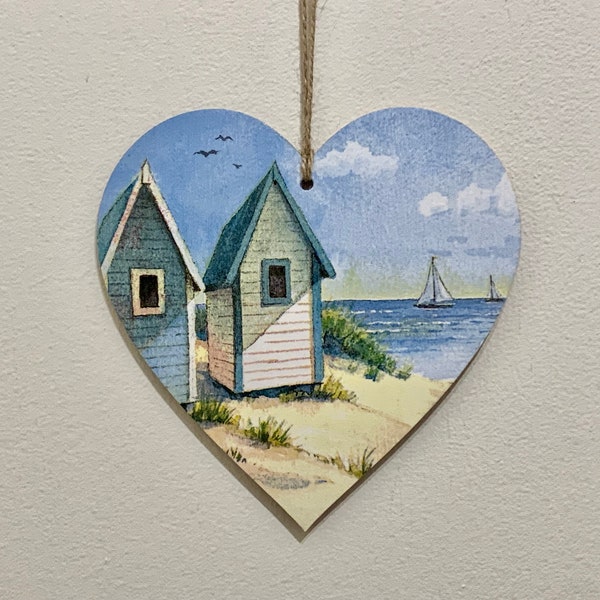 Beach Huts - 15cm decoupaged wooden heart plaque / Seaside Decor / Beach Decor /