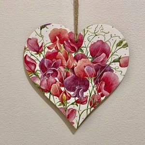 Colourful Sweet Peas - 15cm handcrafted decoupaged wooden heart plaque