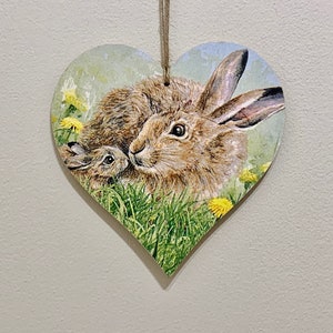 Bunny family handcrafted 15cm decoupaged wooden heart plaque / Easter Ornament / Easter Decor / Springtime image 1