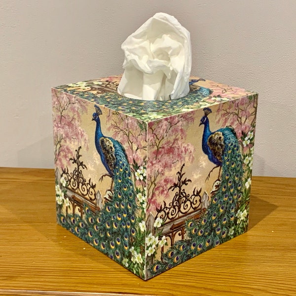 Tissue Box Cover / Peacock Decor / Peacock Ornament / Decoupaged Tissue Box / Tissue Box Holder / Tissue Box Storage