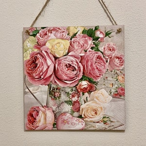 Pink Roses shabby style handcrafted 15cm decoupaged wooden plaque